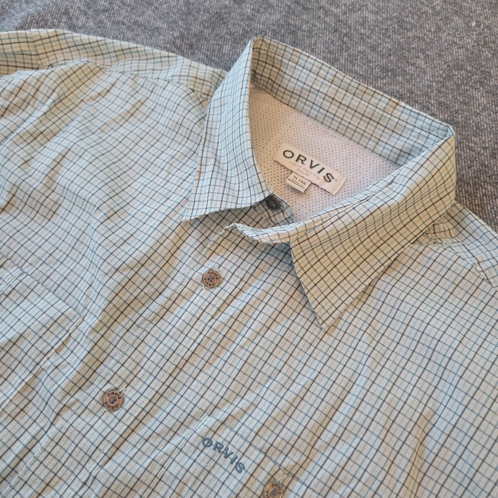 Orvis Tech Shirt Men's XL Blue Green Check Plaid Outdoors Fishing Long Sleeve